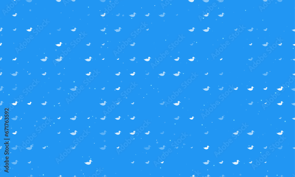 Seamless background pattern of evenly spaced white duck symbols of different sizes and opacity. Vector illustration on blue background with stars