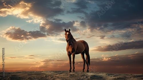  a brown horse standing on top of a sandy beach under a cloudy blue and yellow sky with clouds in the background.  generative ai