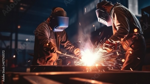 Metal welder working with arc welding at wokshop  Industrial worker is welding steel products in a factory  sparks fly