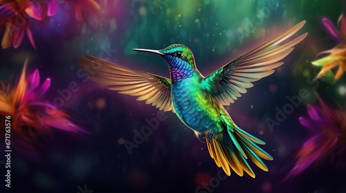 Hummingbird flying in the forest blur background. AI generated image © orendesain99