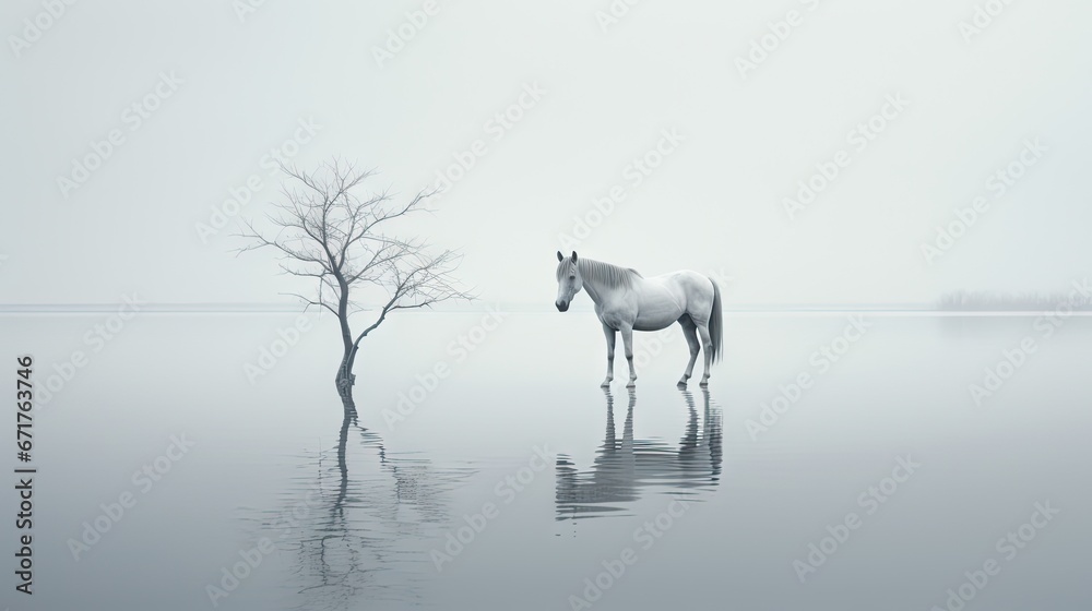  a white horse standing next to a tree in the middle of a body of water on a foggy day.  generative ai