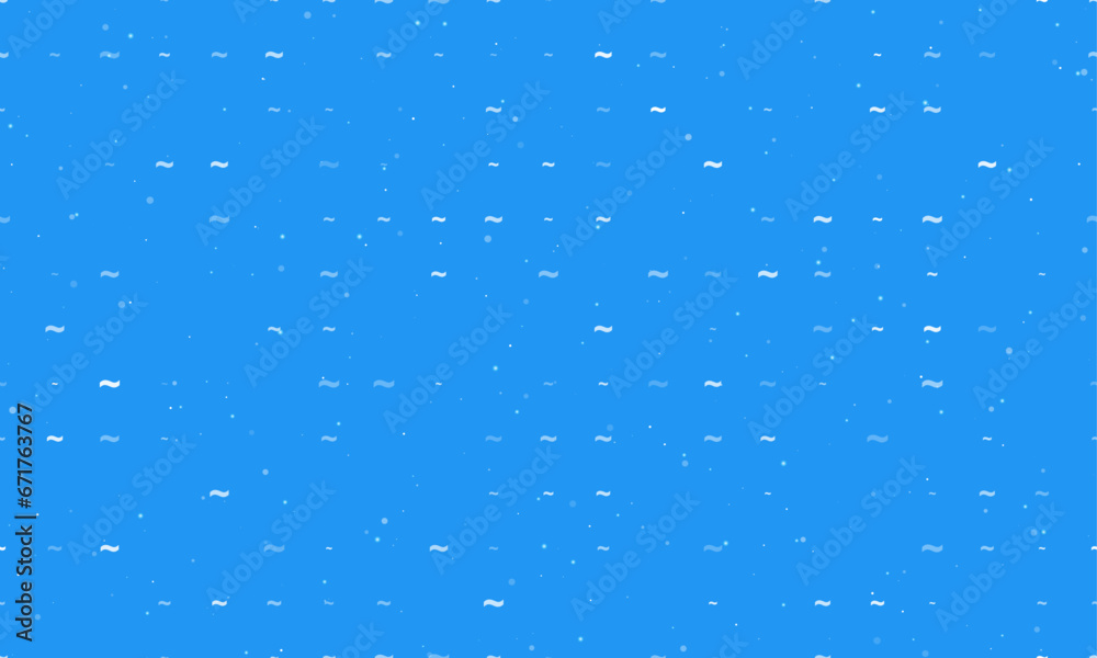 Seamless background pattern of evenly spaced white tilde symbols of different sizes and opacity. Vector illustration on blue background with stars Seamless background pattern of evenly spaced white tilde symbols of different sizes and opacity. Vector illustration on blue background with stars