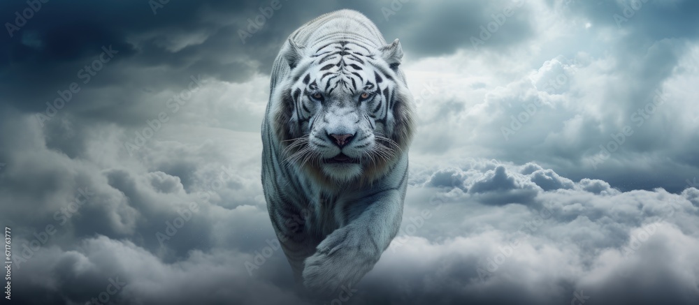 The camera captures a dramatic sky as a white tiger walks on the clouds engaging in photo manipulation - obrazy, fototapety, plakaty 