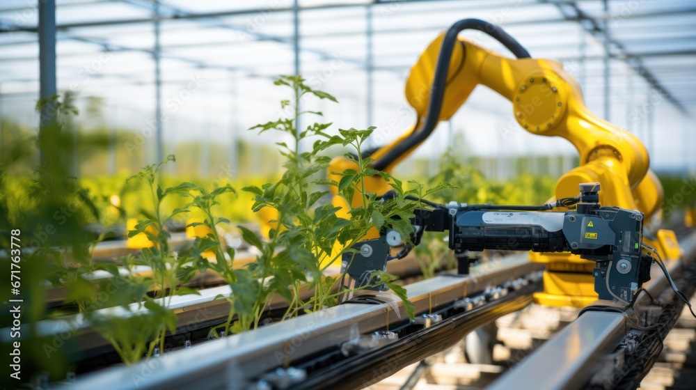 Smart farming agricultural technology Robotic arm harvesting hydroponic lettuce in a greenhouse