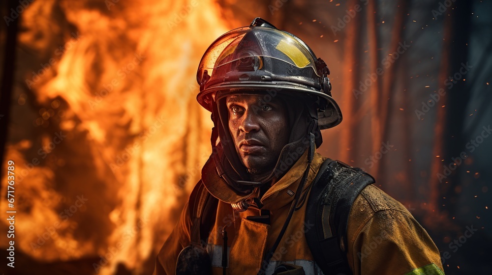 Firefighter Steadily Extinguishing a wildfire with a Fire Hose.AI generated image