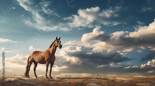  a brown horse standing on top of a dry grass covered field under a cloudy blue sky with white puffy clouds. generative ai