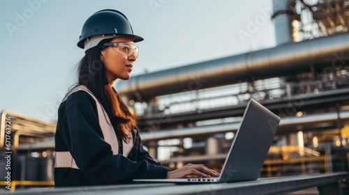 Female engineer and laptop working at oil and gas plant photo