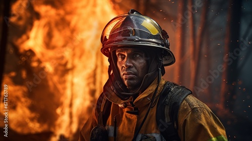 Firefighter Steadily Extinguishing a wildfire with a Fire Hose.AI generated image © orendesain99
