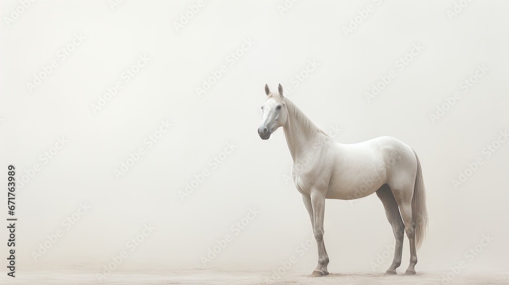  a white horse is standing in a foggy area with its head turned to the side and it's head turned to the side.  generative ai
