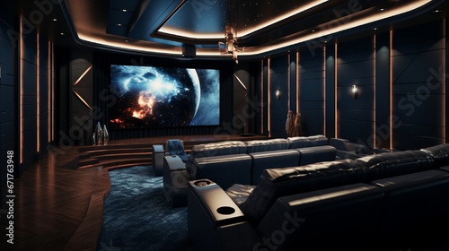 A plush home theater adorned with leather recliners, mood lighting, and a gargantuan screen.