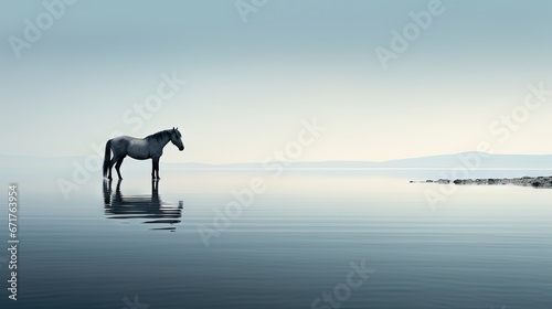  a horse standing in the middle of a body of water with a mountain range in the distance in the distance.  generative ai © Anna