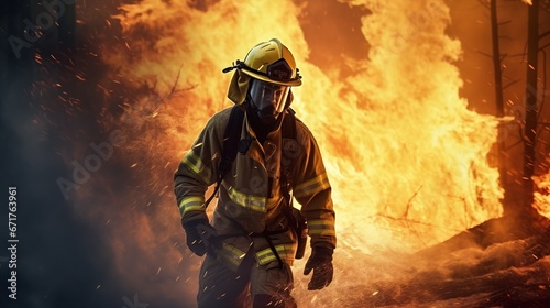 Firefighter Steadily Extinguishing a wildfire with a Fire Hose.AI generated image