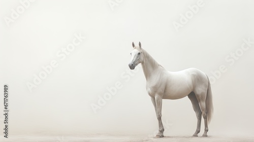  a white horse is standing in a foggy area with its head turned to the side and it s head turned to the side.  generative ai