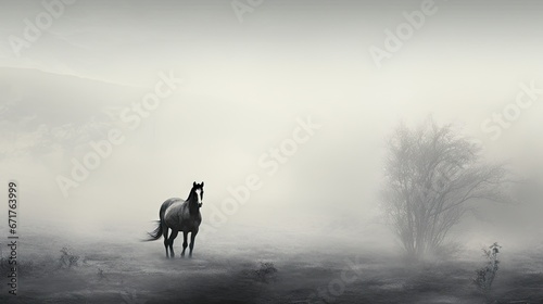  a black and white photo of a horse standing in a foggy field with a tree in the foreground. generative ai