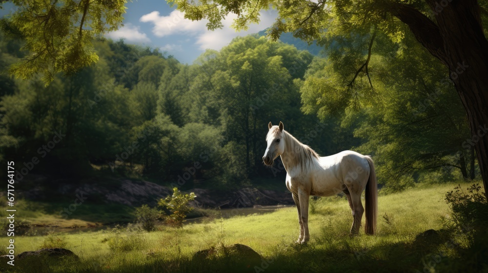 a white horse standing on top of a lush green field next to a lush green forest filled with lots of trees. generative ai a white horse standing on top of a lush green field next to a lush green forest filled with lots of trees. generative ai