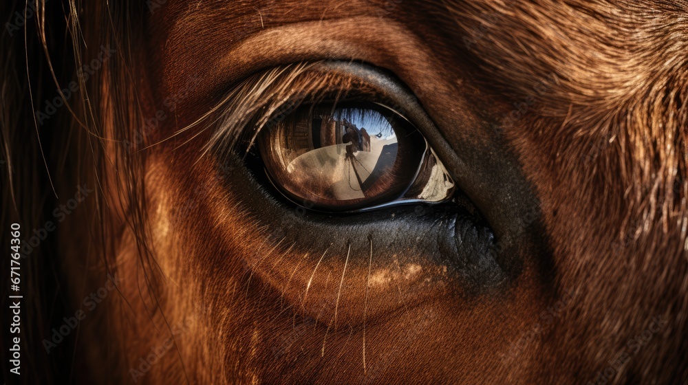 a close up of a horse's eye with a reflection of a person in the horse's eye. generative ai a close up of a horse's eye with a reflection of a person in the horse's eye. generative ai