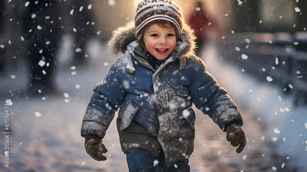 A cheerful boy runs carefree down a snowy street. Happy childhood. Generative AI A cheerful boy runs carefree down a snowy street. Happy childhood. Generative AI