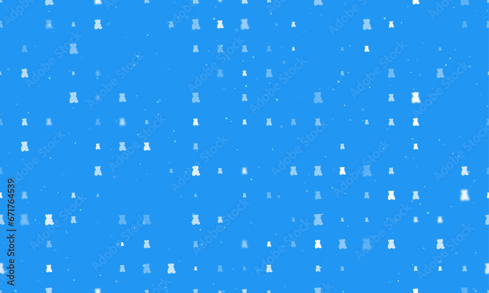 Seamless background pattern of evenly spaced white teddy bear symbols of different sizes and opacity. Vector illustration on blue background with stars