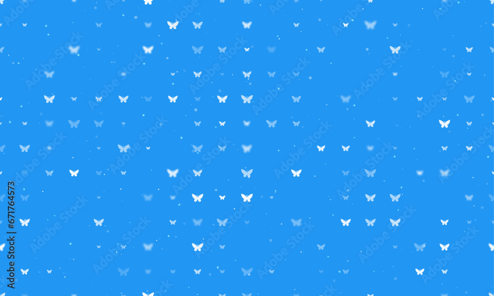 Seamless background pattern of evenly spaced white butterfly symbols of different sizes and opacity. Vector illustration on blue background with stars