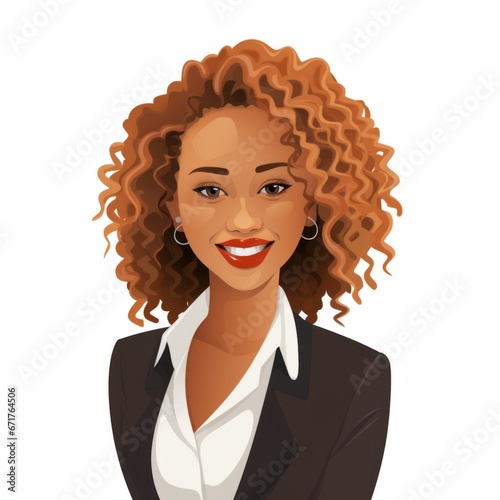 Smiling Teen Black Woman with Brown Curly Hair Flat Illustration. Portrait of Business Character on white background. Business Person in Casual Clothes. Ai Generated Square Cartoon Illustration. © Vector Juice