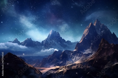Mountains under starry night. Generative AI © Iridessa