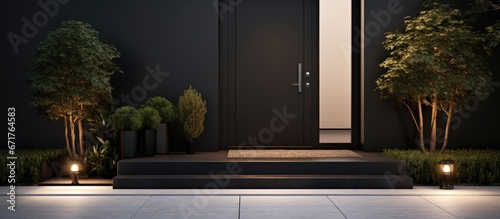 Stylish black front door of modern house with black walls door mat black bench potted tree and stunning lamps in a 3D rendering © Vusal