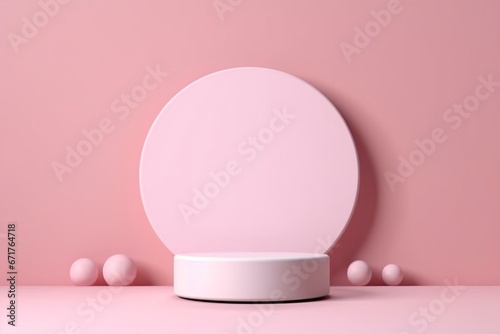 Light pink round podium with rolling white paper for displaying product advertisements, created using 3D rendering technique. Generative AI