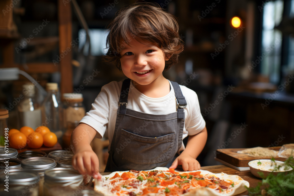 Radiant young boy in apron adding final touches to his pizza masterpiece in a cozy kitchen