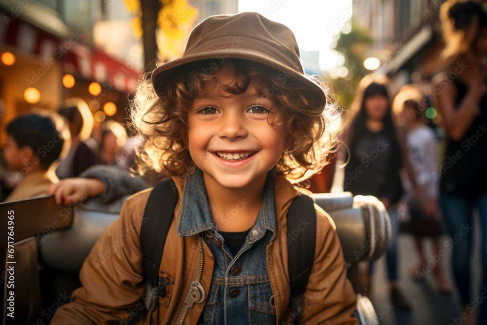 A joyful child with sunlit curls and a hat smiles brilliantly, standing out amid the hustle and bustle of a city afternoon