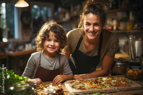 a young woman with a radiant smile and a curly-haired child bond over the art of pizza making