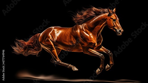  a brown horse is galloping in the dark with its front legs in the air and it's hair blowing in the wind. generative ai