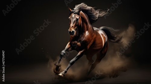  a horse is galloping through the dust on a black background with a white spot in the middle of the image. generative ai