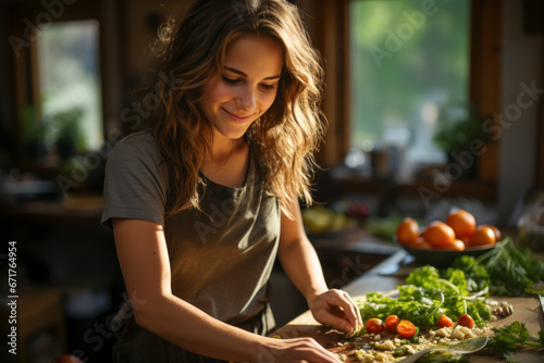 Bathed in the soft glow of the golden hour, a young woman is deeply engrossed in preparing a fresh and vibrant meal