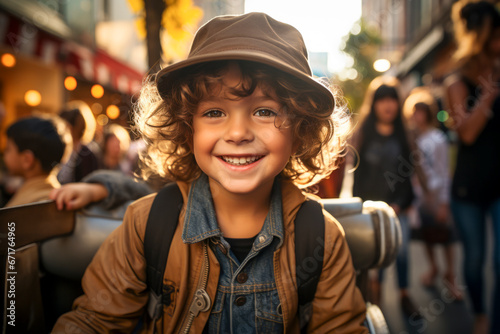 A joyful child with sunlit curls and a hat smiles brilliantly, standing out amid the hustle and bustle of a city afternoon