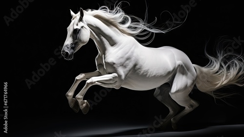  a white horse is galloping on its hind legs in the dark, with its hair blowing in the wind. generative ai