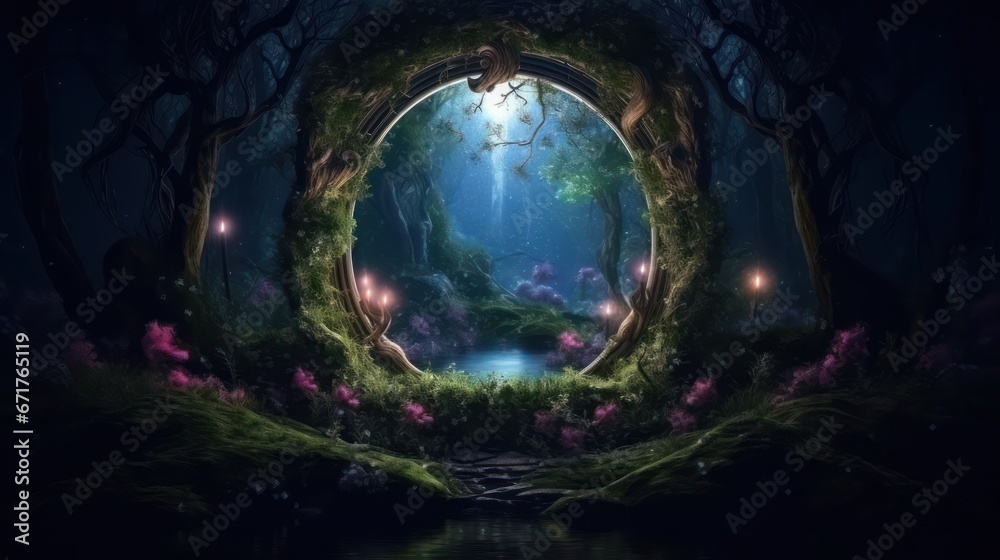 Gordijnen met Dark mysterious forest with a magical magic mirror, a portal to another world. Night fantasy forest. 3D illustration #671765119