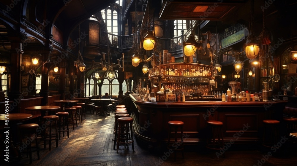 A quintessential British pub, characterized by dim lighting, wooden accents, and a counter full of ale taps.