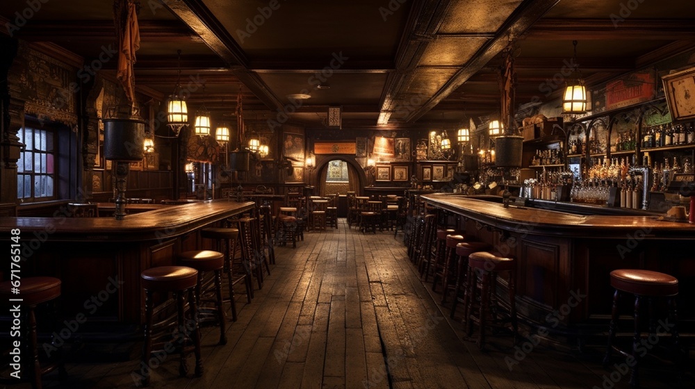 A quintessential British pub, characterized by dim lighting, wooden accents, and a counter full of ale taps.