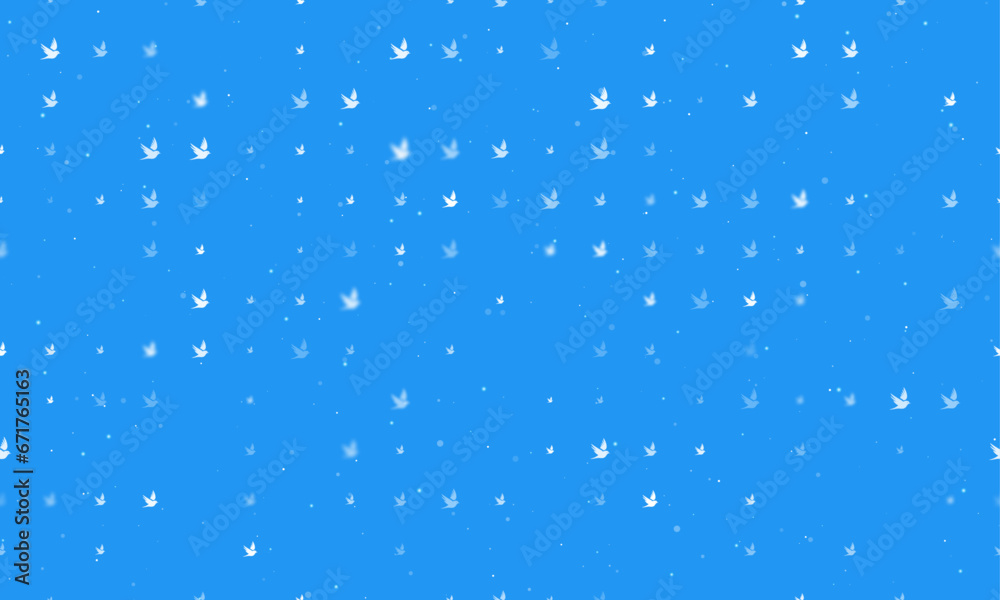 Seamless background pattern of evenly spaced white bird symbols of different sizes and opacity. Vector illustration on blue background with stars