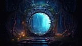 Dark mysterious forest with a magical magic mirror, a portal to another world. Night fantasy forest. 3D illustration