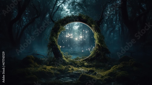 Dark mysterious forest with a magical magic mirror, a portal to another world. Night fantasy forest. 3D illustration