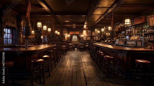 A quintessential British pub, characterized by dim lighting, wooden accents, and a counter full of ale taps.