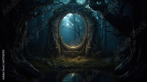 Dark mysterious forest with a magical magic mirror, a portal to another world. Night fantasy forest. 3D illustration © Terablete