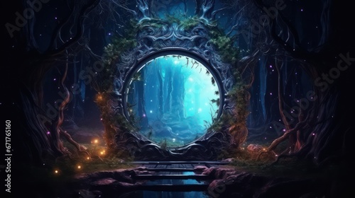 Dark mysterious forest with a magical magic mirror  a portal to another world. Night fantasy forest. 3D illustration