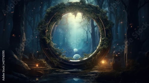 Dark mysterious forest with a magical magic mirror  a portal to another world. Night fantasy forest. 3D illustration