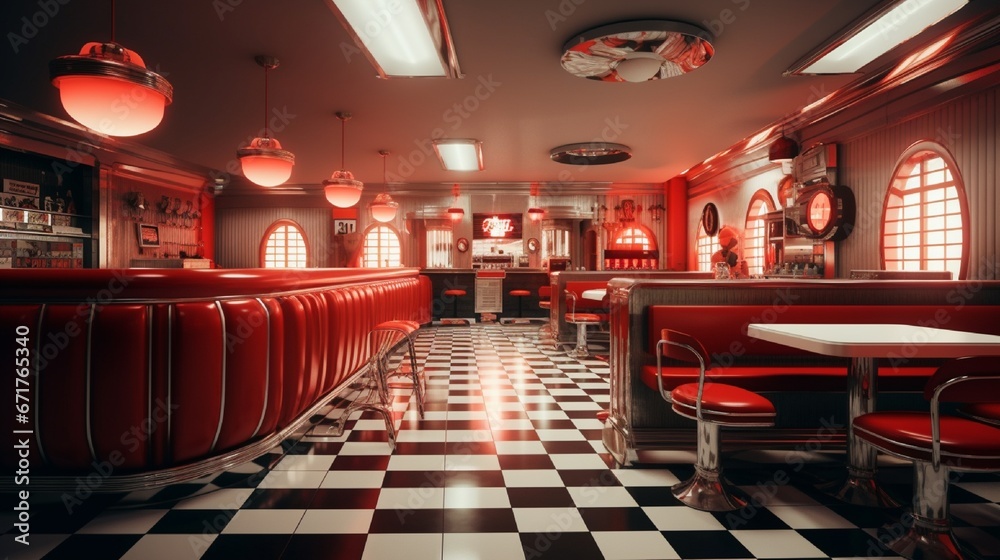 A retro-themed diner featuring a black-and-white checkered floor, red leather booths, and a jukebox in the corner.