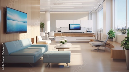 A reception area with an expansive desk, a wall-mounted flat-screen TV, and modern, ergonomic chairs for waiting patients.