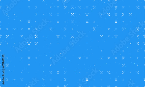 Seamless background pattern of evenly spaced white crossed hammers symbols of different sizes and opacity. Vector illustration on blue background with stars