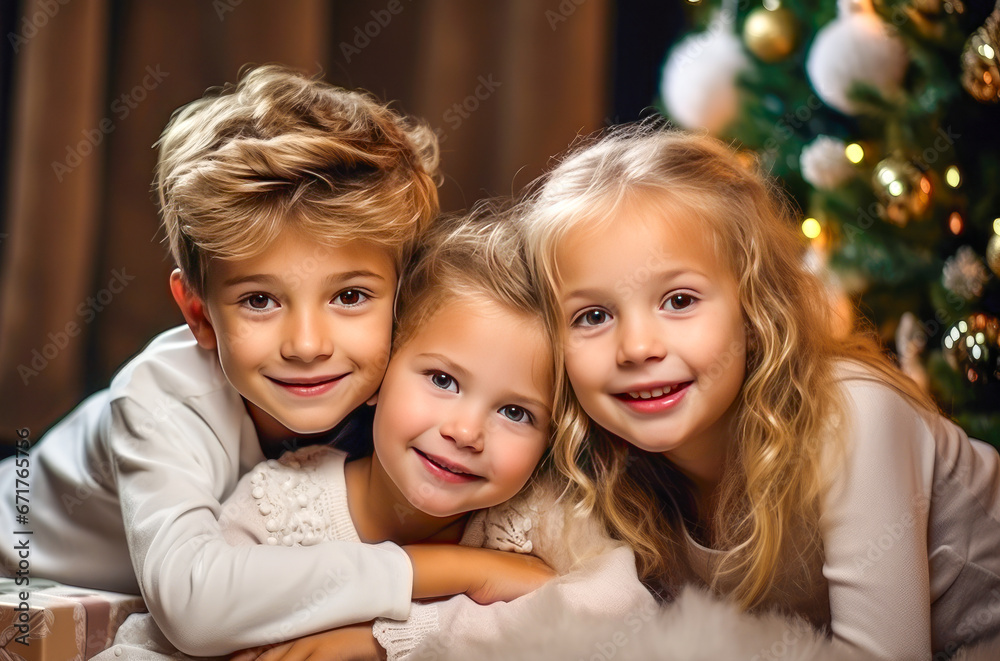 Portrait of three smiling children sitting near christmas tree at home