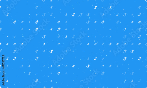 Seamless background pattern of evenly spaced white mermaid symbols of different sizes and opacity. Vector illustration on blue background with stars